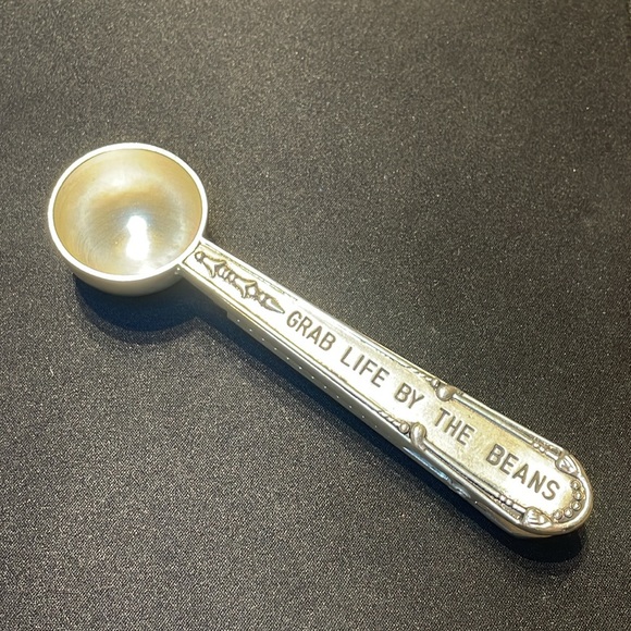 Stamped silverplate coffee scoop features "GRAB LIFE BY THE BEANS" sentiment - Picture 2 of 6